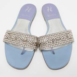 Gina Light Blue Patent Crystal Embellished Thong Slides  Size 38.5