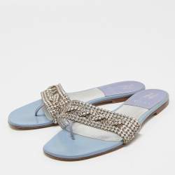 Gina Light Blue Patent Crystal Embellished Thong Slides  Size 38.5