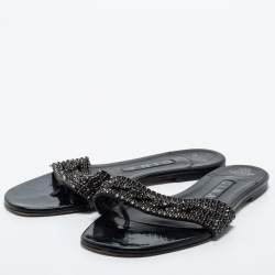 مملوكة مسبقًا Gina Black Patent Crystal Embellished Sandals Size 38.5