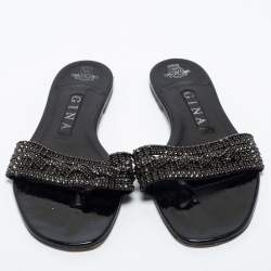 مملوكة مسبقًا Gina Black Patent Crystal Embellished Sandals Size 38.5