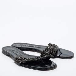 مملوكة مسبقًا Gina Black Patent Crystal Embellished Sandals Size 38.5