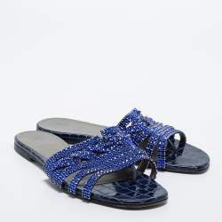 Pre Owned Gina Blue Crystal Embellished Leather Lexi Flat Slides Size 38