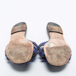 Pre Owned Gina Blue Crystal Embellished Leather Lexi Flat Slides Size 38