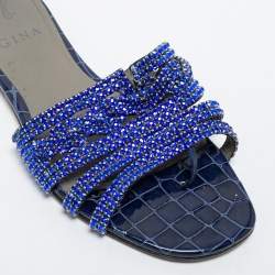 Pre Owned Gina Blue Crystal Embellished Leather Lexi Flat Slides Size 38