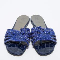 Pre Owned Gina Blue Crystal Embellished Leather Lexi Flat Slides Size 38