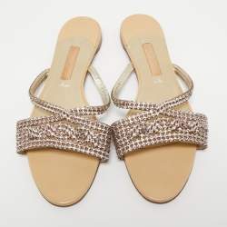 Gina Pink Crystal Embellished Leather Flat Slides Size 41 