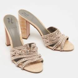 Gina Beige Crystal Embellished Leather Slide Sandals Size 39