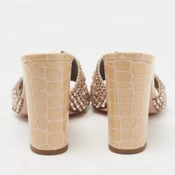 Gina Beige Crystal Embellished Leather Slide Sandals Size 39
