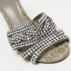 Pre Owned Gina Grey Crystal Embellished Leather Syracuse Wedge Sandals Size 38