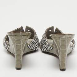 Pre Owned Gina Grey Crystal Embellished Leather Syracuse Wedge Sandals Size 38