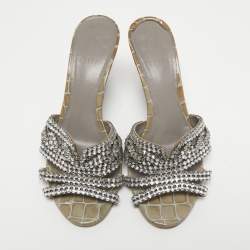Pre Owned Gina Grey Crystal Embellished Leather Syracuse Wedge Sandals Size 38