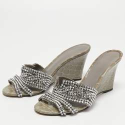 Pre Owned Gina Grey Crystal Embellished Leather Syracuse Wedge Sandals Size 38