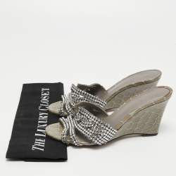 Pre Owned Gina Grey Crystal Embellished Leather Syracuse Wedge Sandals Size 38