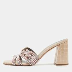 Pre Owned Gina Beige Crystal Embellished Leather Loren Slide Sandals Size 38.5