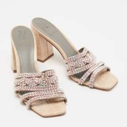 Pre Owned Gina Beige Crystal Embellished Leather Loren Slide Sandals Size 38.5