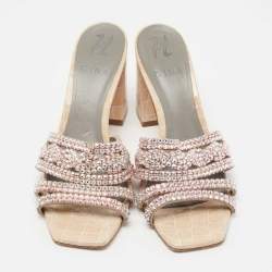 Pre Owned Gina Beige Crystal Embellished Leather Loren Slide Sandals Size 38.5