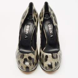 Pre Owned Gina Grey/Black Leopard Print Patent Leather Platform Pumps Size 39.5