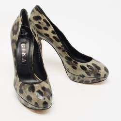 Pre Owned Gina Grey/Black Leopard Print Patent Leather Platform Pumps Size 39.5