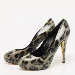 Pre Owned Gina Grey/Black Leopard Print Patent Leather Platform Pumps Size 39.5