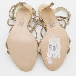 Pre Owned Gina Metallic Gold Leather Crystal Embellished Ankle Strap Sandals Size 37.5