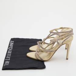 Pre Owned Gina Metallic Gold Leather Crystal Embellished Ankle Strap Sandals Size 37.5