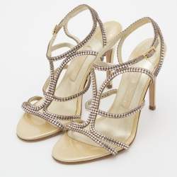 Pre Owned Gina Metallic Gold Leather Crystal Embellished Ankle Strap Sandals Size 37.5