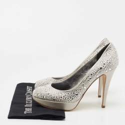 Pre Owned Gina Silver Crystal Embellished Satin Platform Pumps Size 39