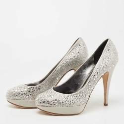 Pre Owned Gina Silver Crystal Embellished Satin Platform Pumps Size 39