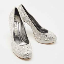 Pre Owned Gina Silver Crystal Embellished Satin Platform Pumps Size 39