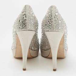 Pre Owned Gina Silver Crystal Embellished Satin Platform Pumps Size 39