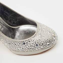 Pre Owned Gina Silver Crystal Embellished Satin Platform Pumps Size 39