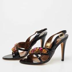 Pre Owned Gina Black Patent Leather Crystal Embellished Slingback Sandals Size 38