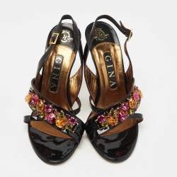 Pre Owned Gina Black Patent Leather Crystal Embellished Slingback Sandals Size 38