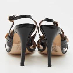 Pre Owned Gina Black Patent Leather Crystal Embellished Slingback Sandals Size 38