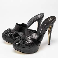 Gina Black Python and Leather Cap Toe Platform Sandals Size 40