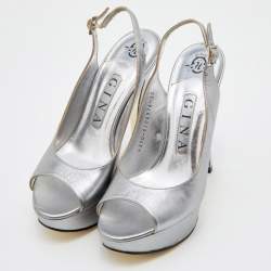 Gina Metallic Grey Leather Open Toe Platform Slingback Pumps Size 36.5