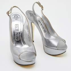 Gina Metallic Grey Leather Open Toe Platform Slingback Pumps Size 36.5