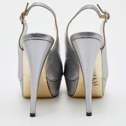 Gina Metallic Grey Leather Open Toe Platform Slingback Pumps Size 36.5