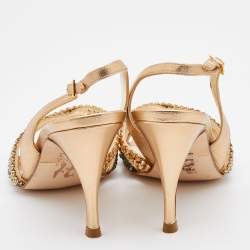 Pre Owned Gina Metallic Gold Leather Crystal Embellished Slingback Sandals Size 37
