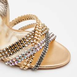 Pre Owned Gina Metallic Gold Leather Crystal Embellished Slingback Sandals Size 37