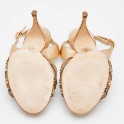 Pre Owned Gina Metallic Gold Leather Crystal Embellished Slingback Sandals Size 37