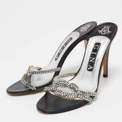 Pre Owned Gina Silver Crystal Embellished Leather Slide Sandals Size 37