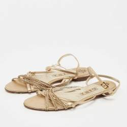 Pre Owned Gina Gold Crystal Embellished Leather Flat Ankle Strap Sandals Size 39
