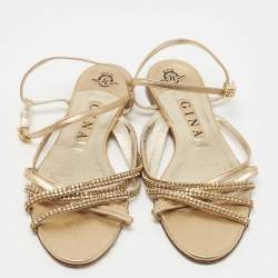 Pre Owned Gina Gold Crystal Embellished Leather Flat Ankle Strap Sandals Size 39