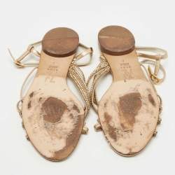 Pre Owned Gina Gold Crystal Embellished Leather Flat Ankle Strap Sandals Size 39