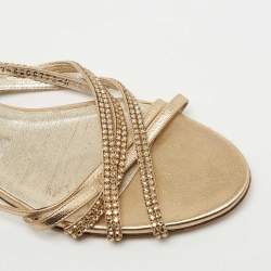 Pre Owned Gina Gold Crystal Embellished Leather Flat Ankle Strap Sandals Size 39