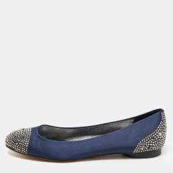 Gina Navy Blue Satin Crystal Embellished Ballet Flats Size 39.5