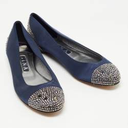 Gina Navy Blue Satin Crystal Embellished Ballet Flats Size 39.5