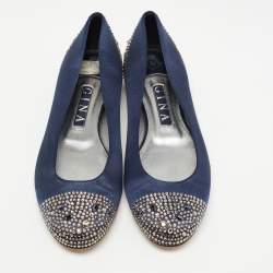 Gina Navy Blue Satin Crystal Embellished Ballet Flats Size 39.5