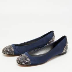 Gina Navy Blue Satin Crystal Embellished Ballet Flats Size 39.5